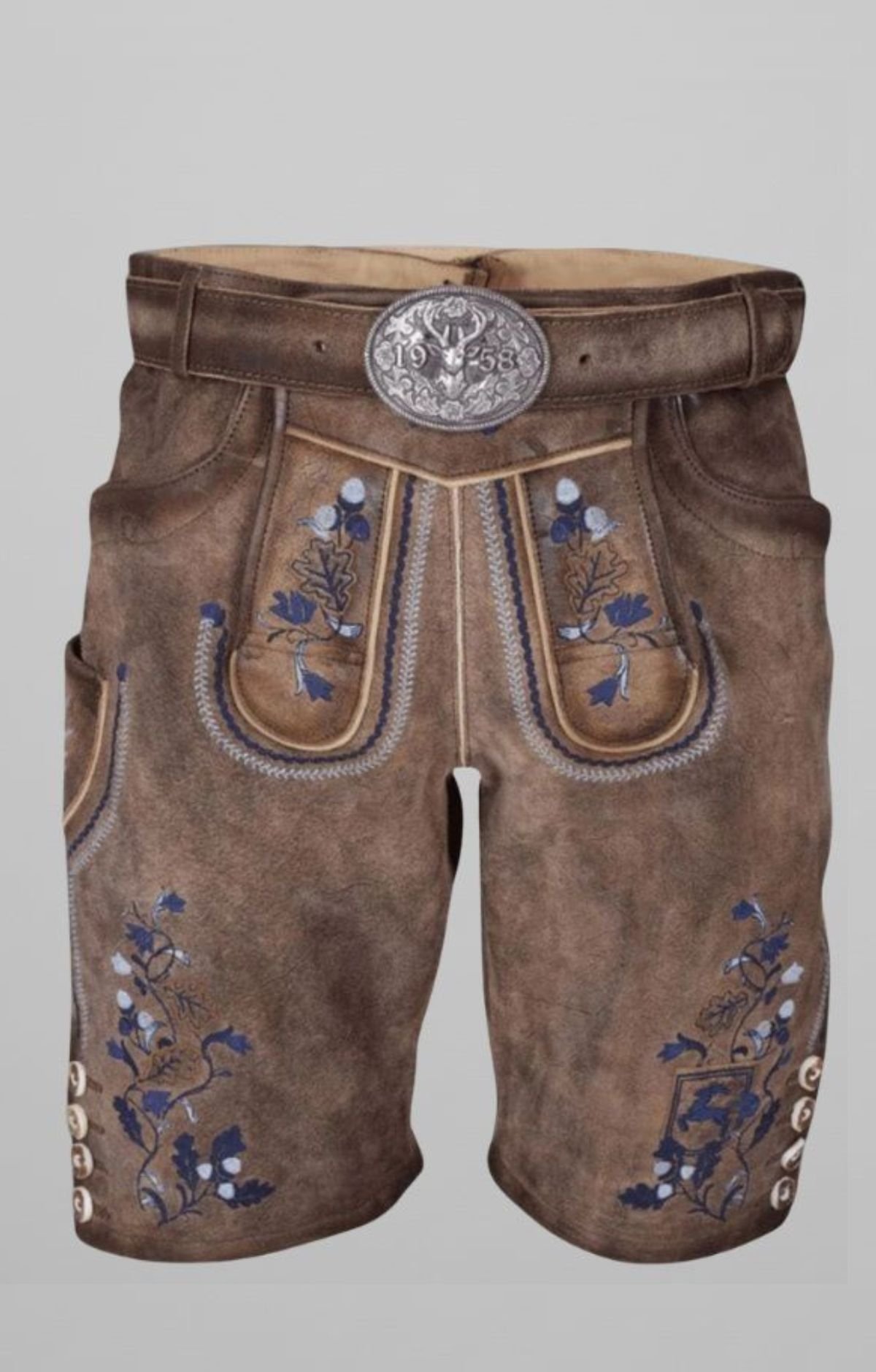 Brown Goat Suede Leather Lederhosen with Blue Embroidery Brown Goat Suede Leather Lederhosen with Blue Embroidery
